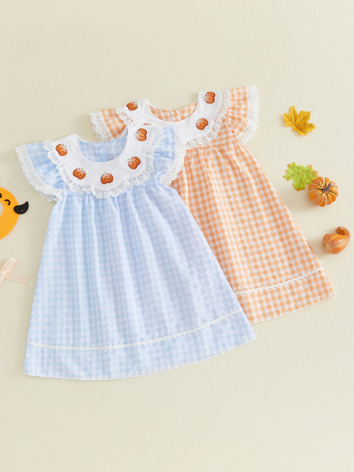 Girls Halloween Embroidered Pumpkin Plaid Dress With Flutter Sleeves