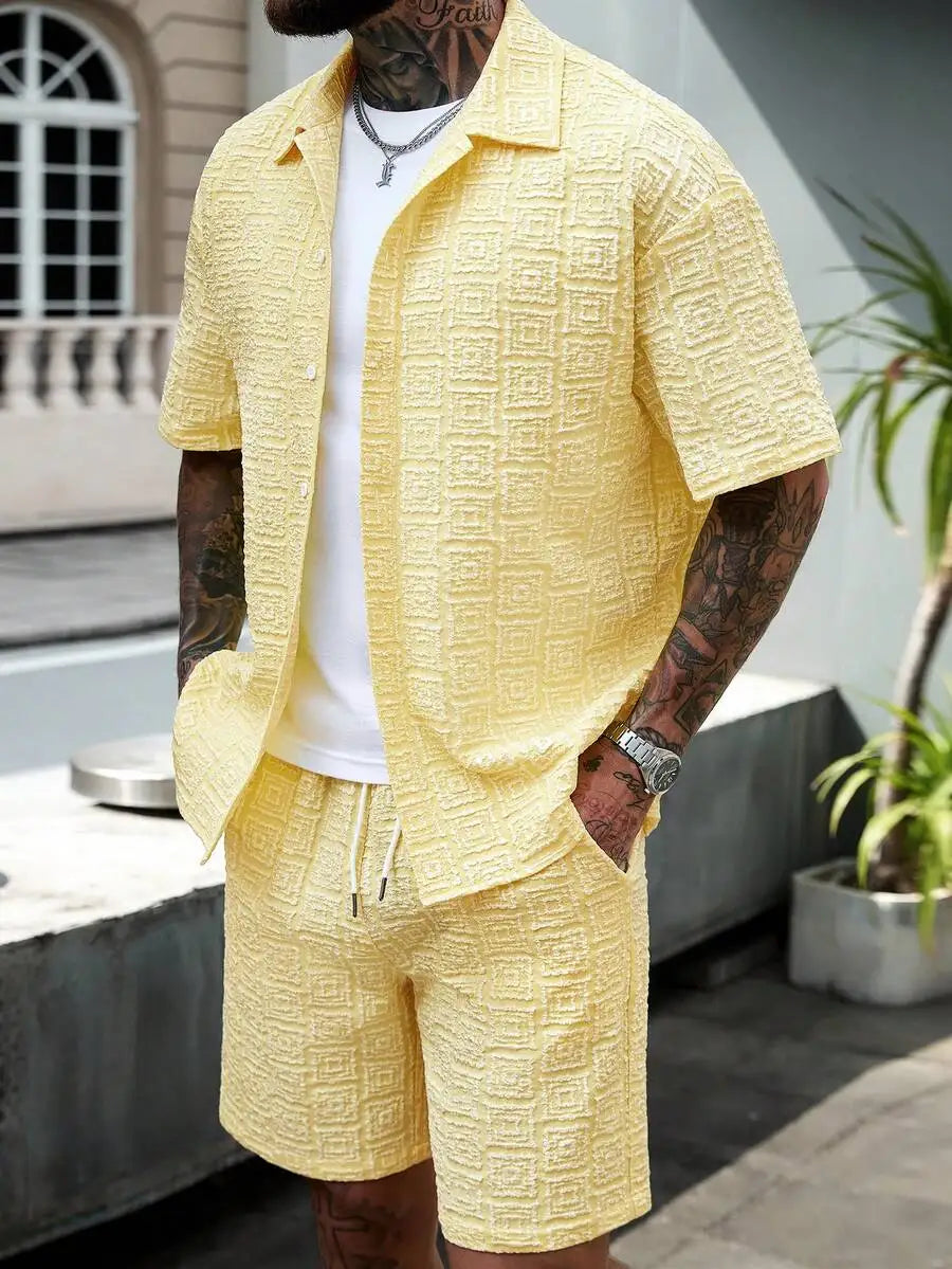 Manfinity CasualCool Men's Yellow Summer Casual Vacation Holiday Outfit,Textured Geometric Pattern Short Sleeve Button Up Shirt
