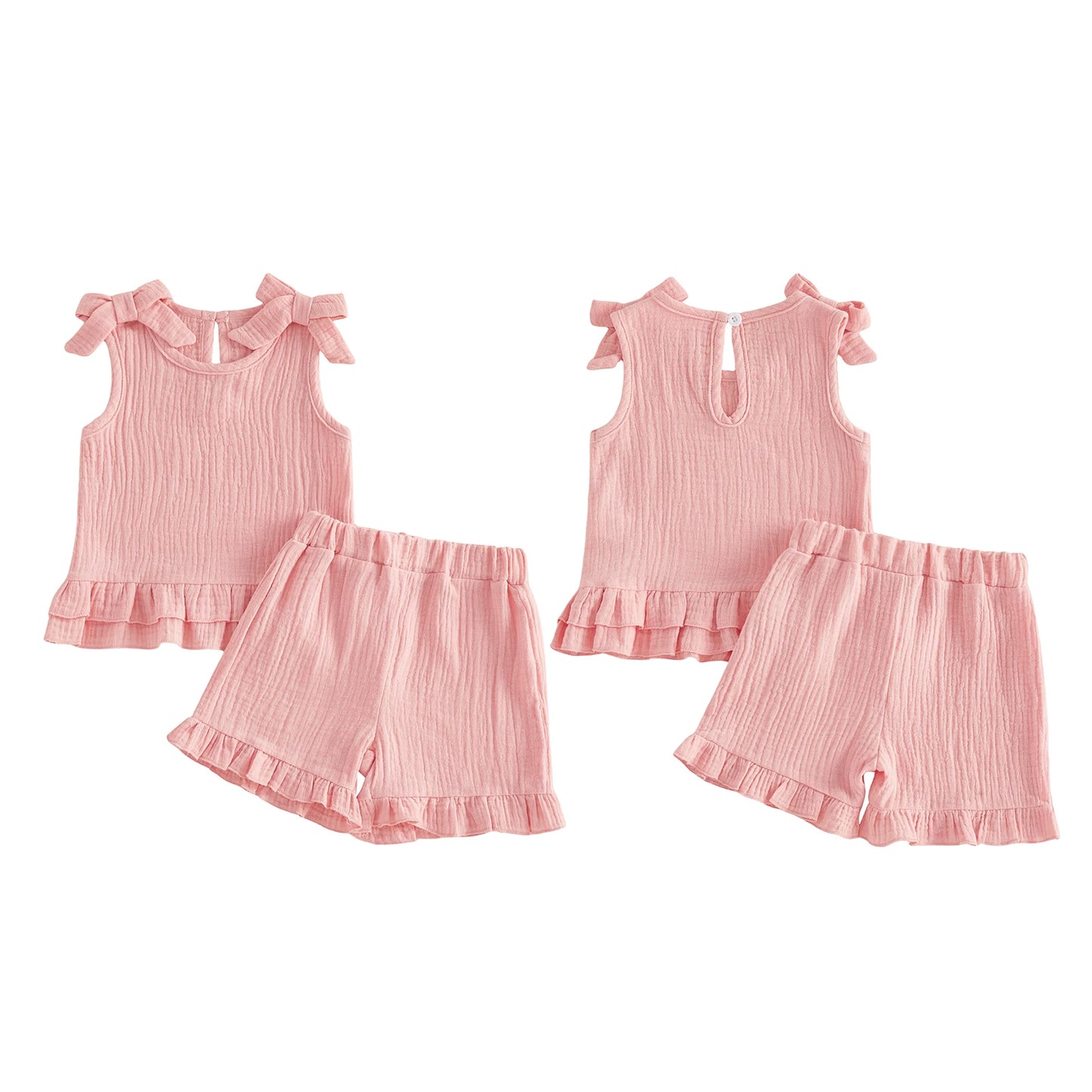 2026 New Toddler Girls Summer Ruffle Set Solid Sleeveless Crew Neck Tank Top with Shoulder Bows and Matching Children's Sets