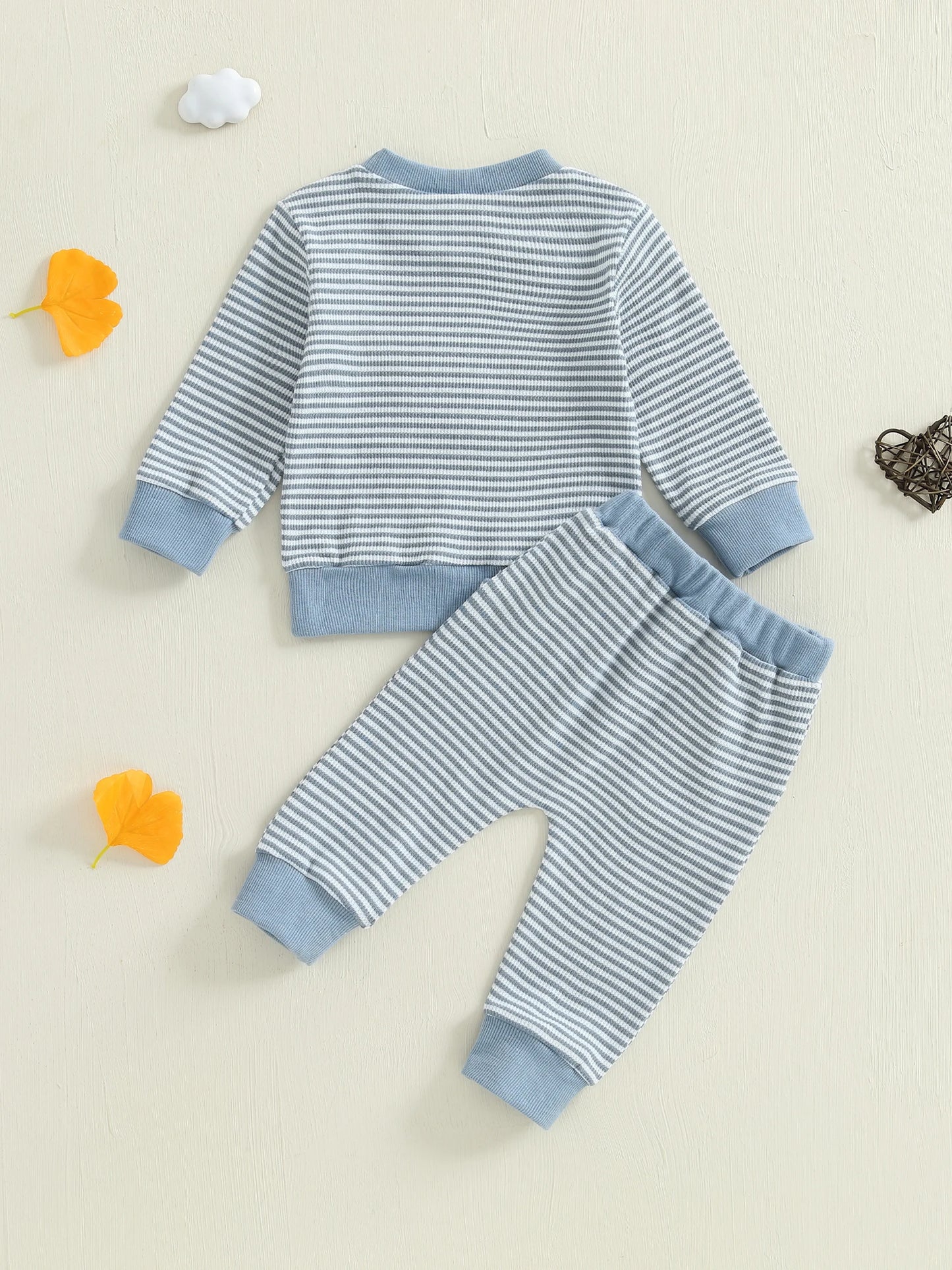 Toddler Boy Autumn Outfit Set Striped Pullover With Animal Embroidery