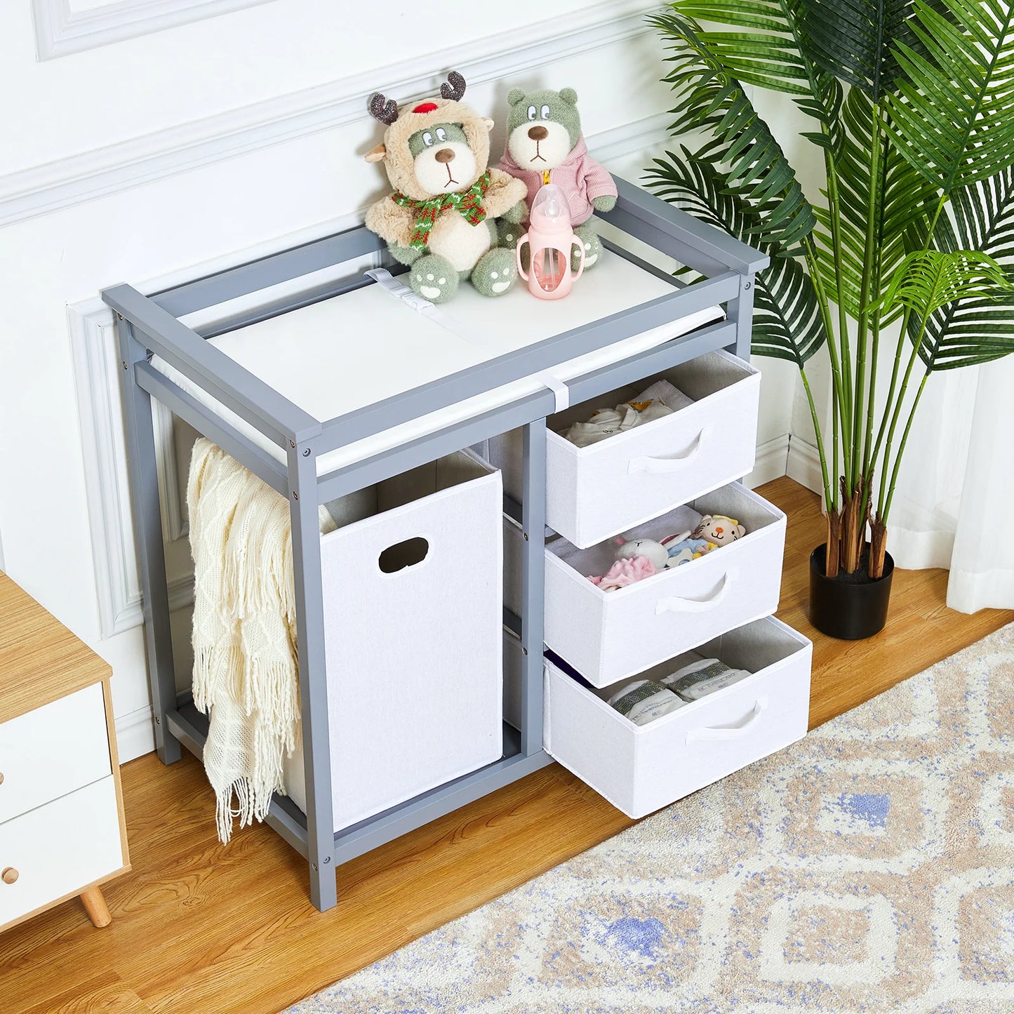 Wooden Baby Changing Table Dresser With Laundry Hamper 3 Drawer
