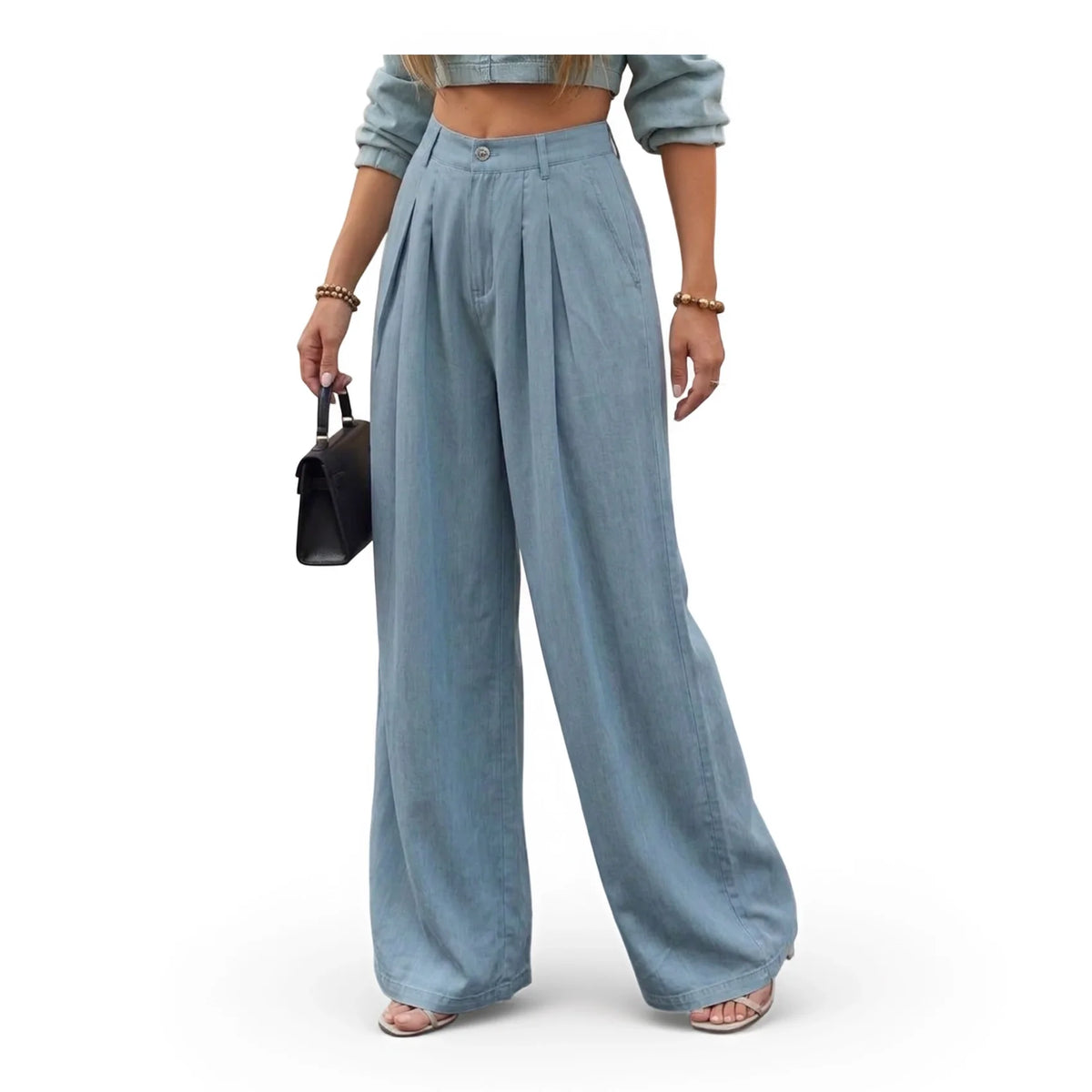 Women's High Waist Pleated Wide Leg Pants Button Zipper Closure Loose Full Length Casual Ladies Trousers