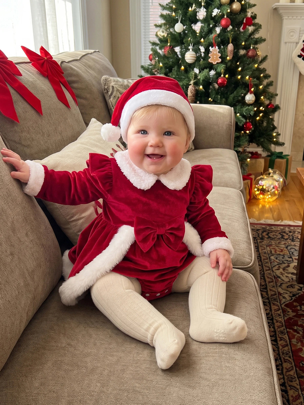 Long Sleeve Piece Set Velvet Long Sleeve Hat Girl Christmas 2 Outfit Dress Hat 2 Lightweight Baby Girl Christmas