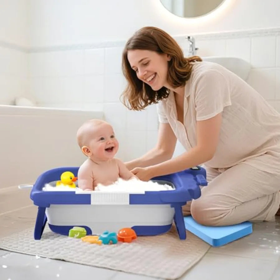 Foldable Baby Bathtub With Cushion Kneeling Pad Thermometer Portable Newborn