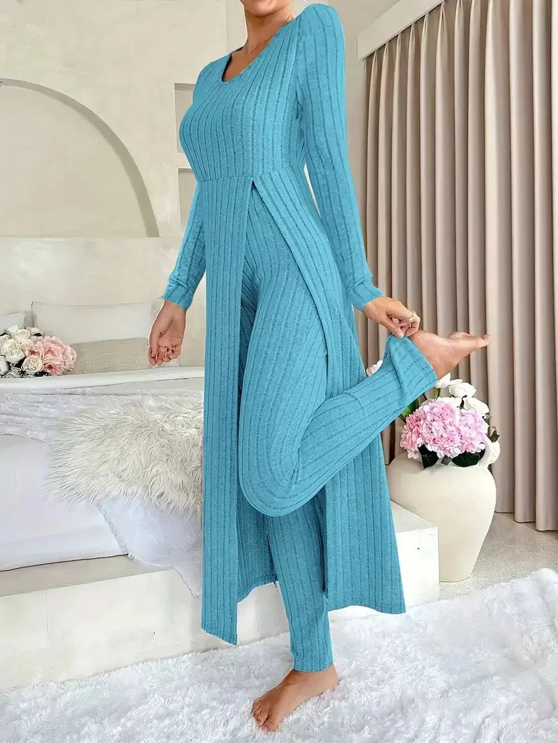 2026 New Fall/Winter Design Round-neck Slit Long-Sleeved Thick Striped Long-Sleeved Two-Piece Set (Extra Large Long-Sleeved Casual Wear)