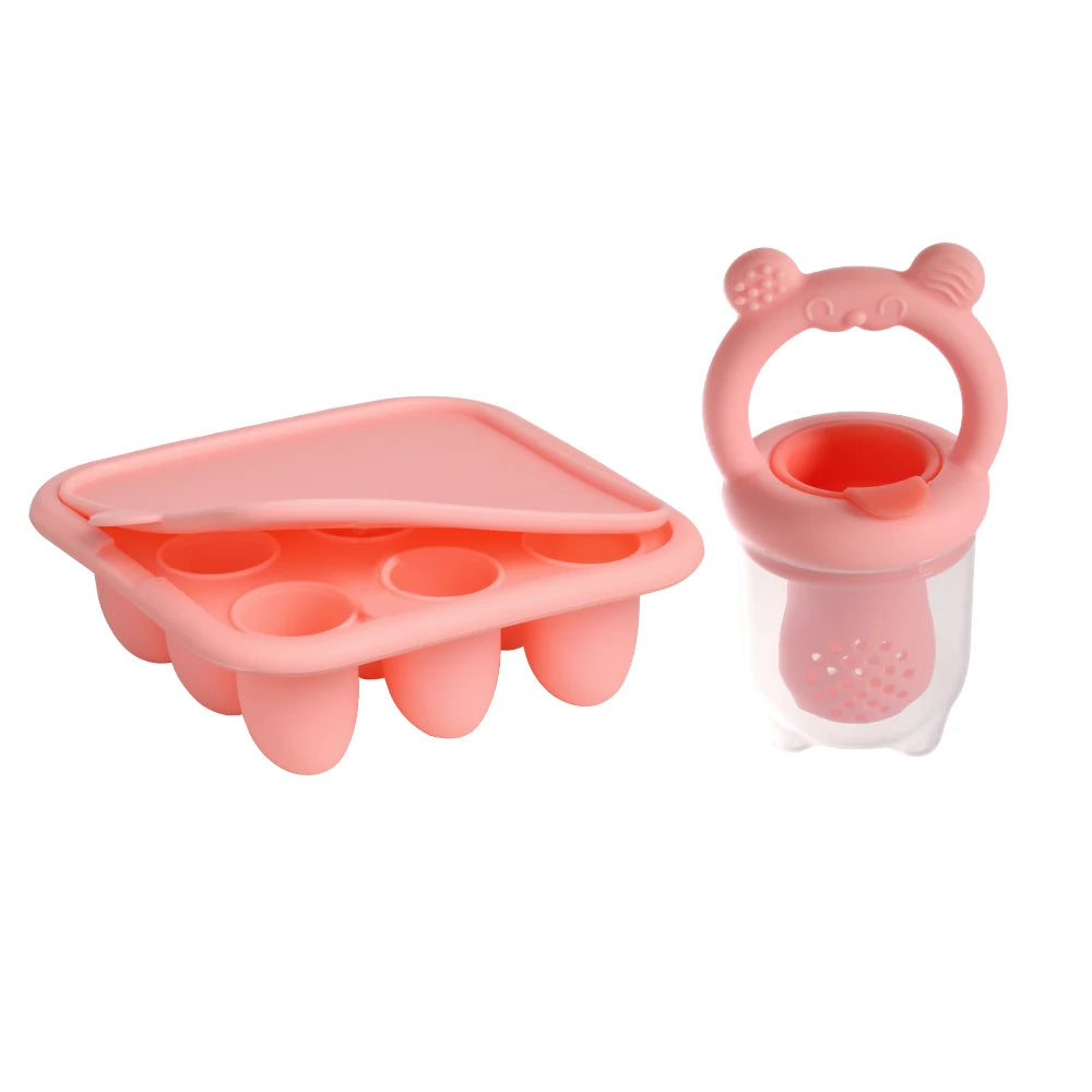 BPA Free Baby Fruit Feeder with Silicone Food Freezer Tray, Food Grade Teething Pacifier Self‑Feeding Set, 3 Colors Optional for Newborn Toddlers