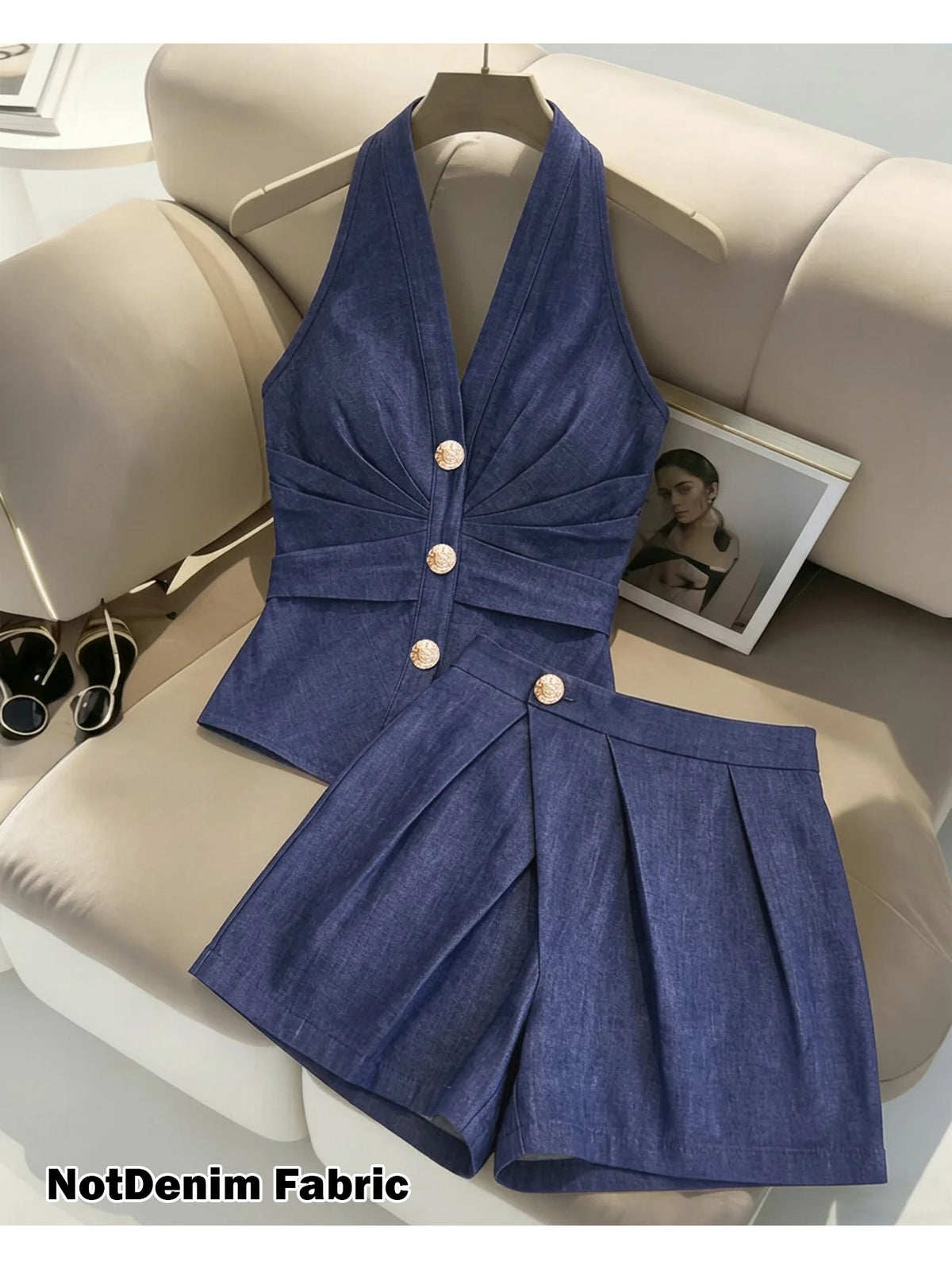 Women's Halter V Neck Sleeveless Two‑Piece Suit Button Detail Pleated Fitted Top Wrap Front Pleated Short Skort Ladies Set