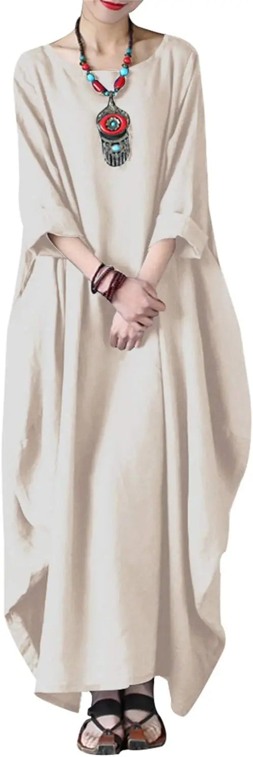 Autumn Solid Cotton Caftan Dress Loose Fit Women Casual