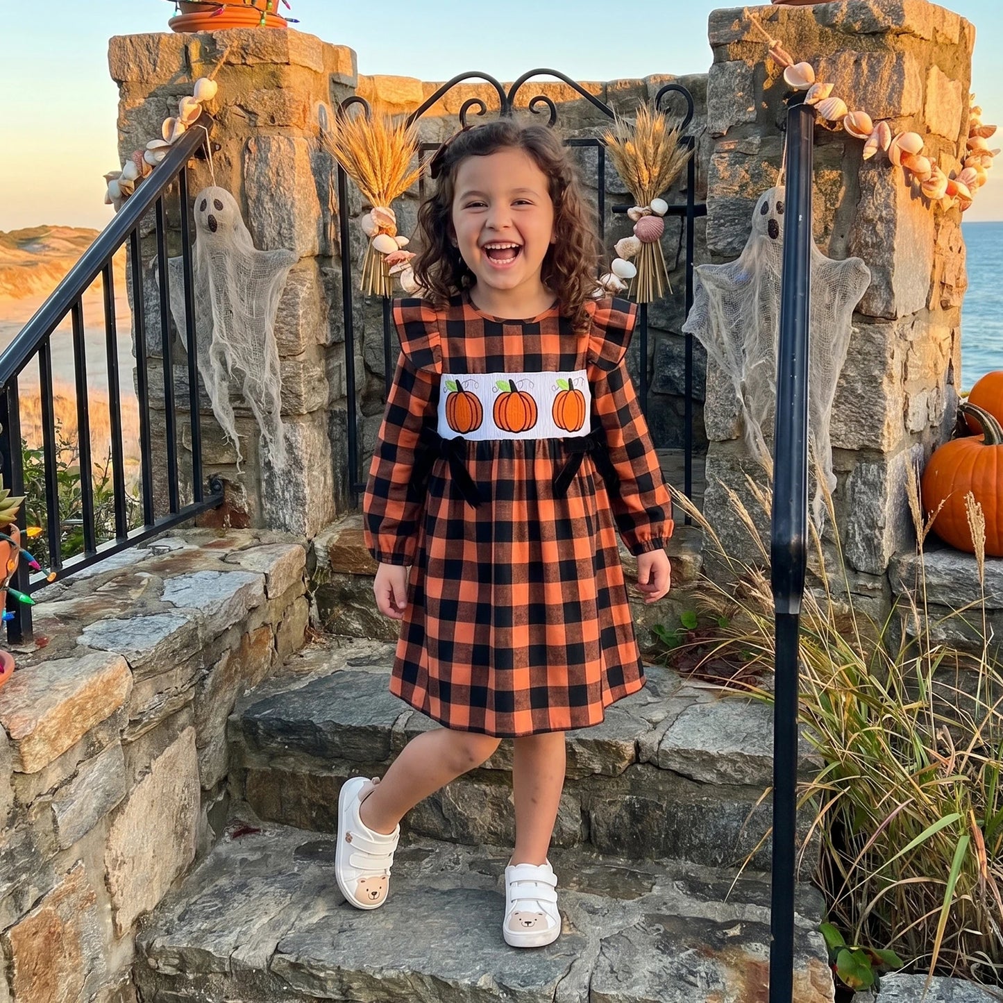 2026 New Toddler Baby Girls Halloween Dress Fashion Pumpkin Embroidery Long Sleeve Fall Plaid Dress Girls Casual Dresses