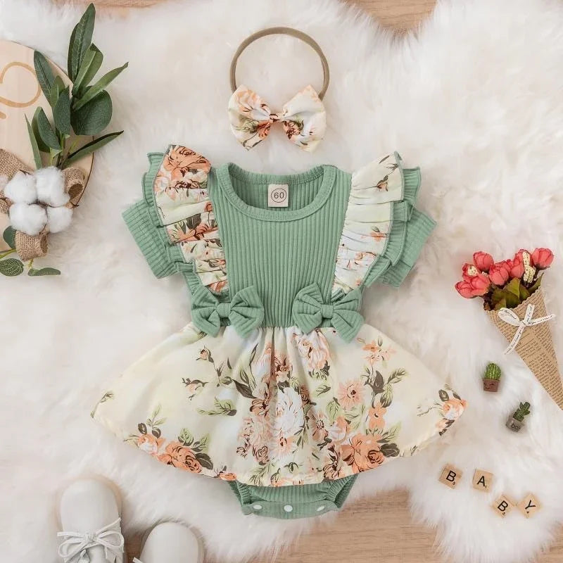 Summer Baby Girl Dress With Bowknot Striped Cotton Floral Outfit