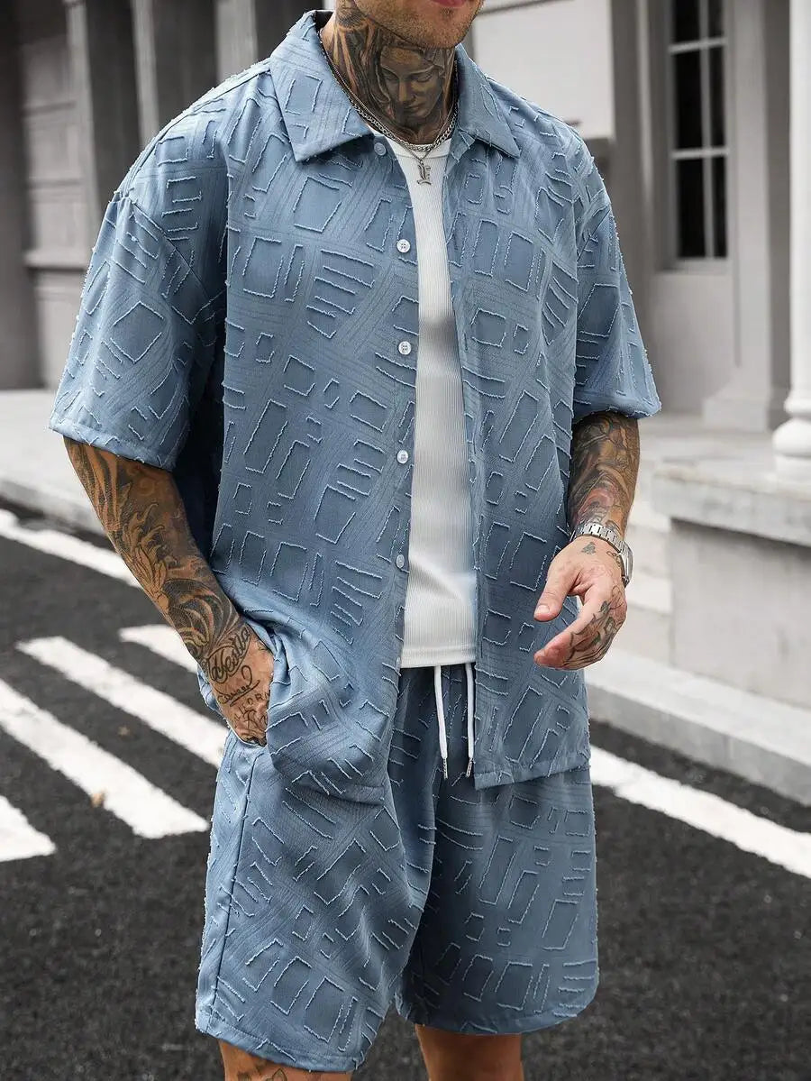 Manfinity CasualCool Men's Yellow Summer Casual Vacation Holiday Outfit,Textured Geometric Pattern Short Sleeve Button Up Shirt