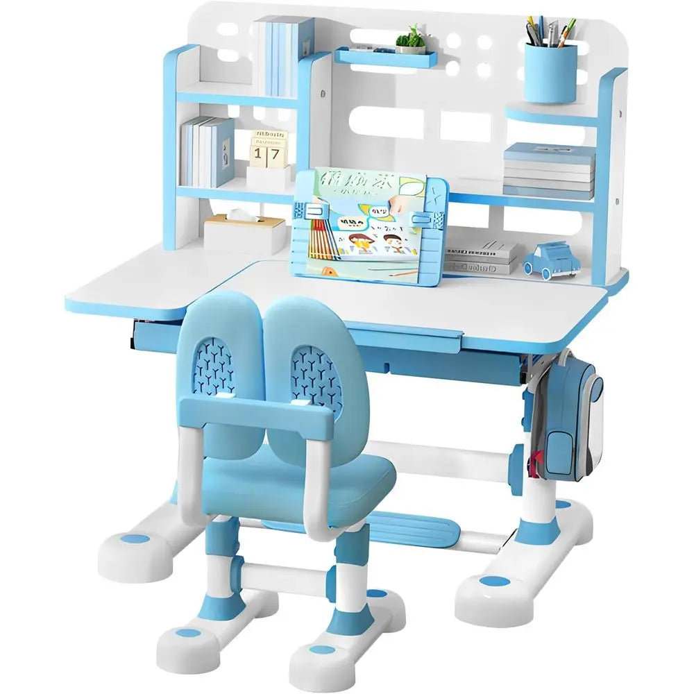 Kids Adjustable Desk And Chair Set With Bookshelf And Storage