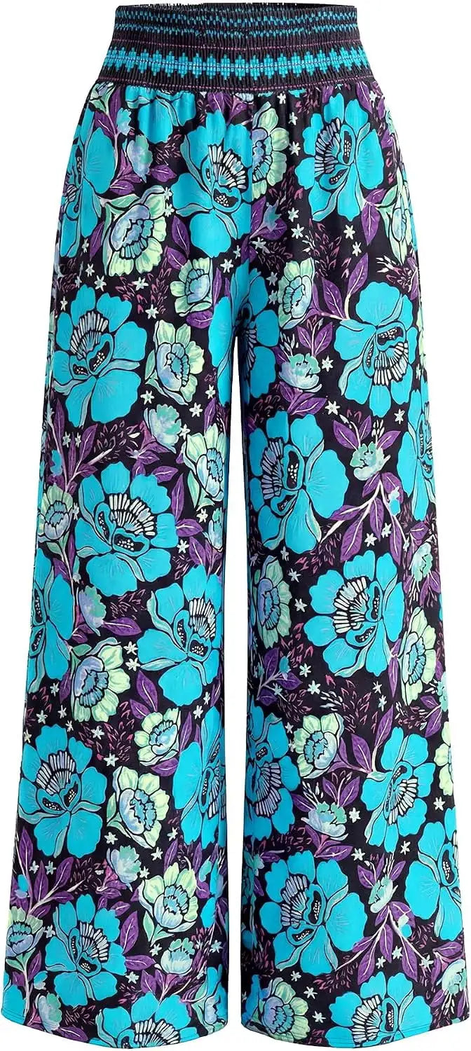 Wide leg pants 2026 summer smoked waist flower pants, pretending to be spring beach vacation women's clothing