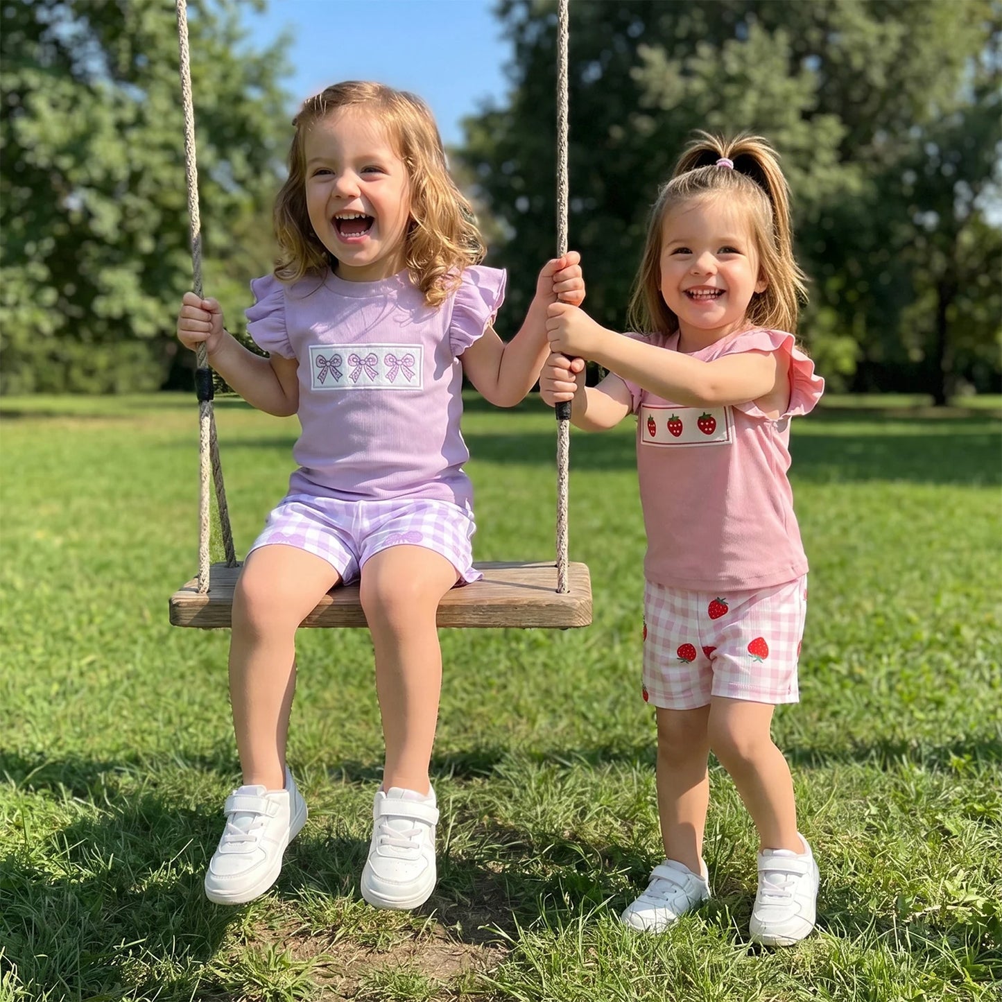 Toddler Baby Kids Girls Shorts Set Children's Fly Sleeve Embroidery Strawberry T-shirt with Plaid Shorts Summer 2-piece Outfit