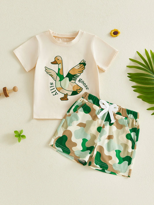 Girls Summer Outfit Set Short Sleeve Top And Camouflage Shorts