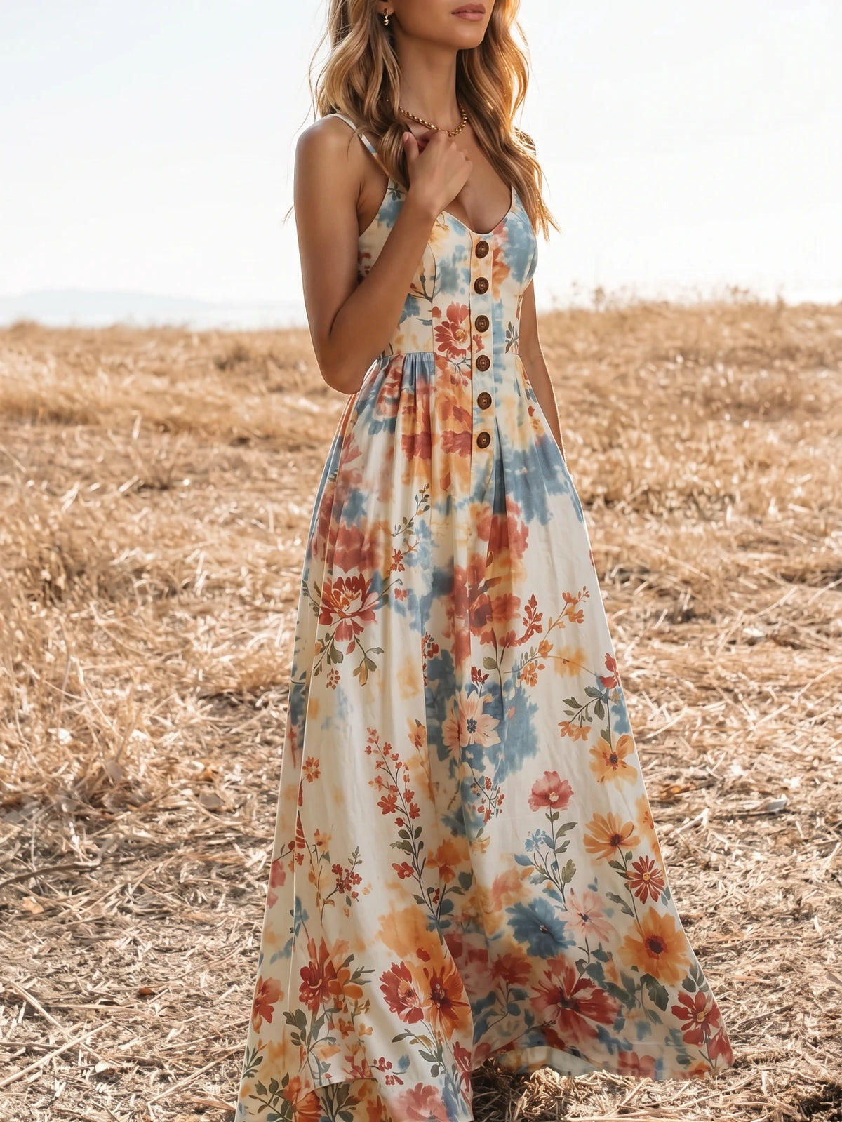 Women V Neck Spaghetti Strap Floral Print Maxi Dress Button Front A Line Flowy Dress For Casual Holiday Occasion