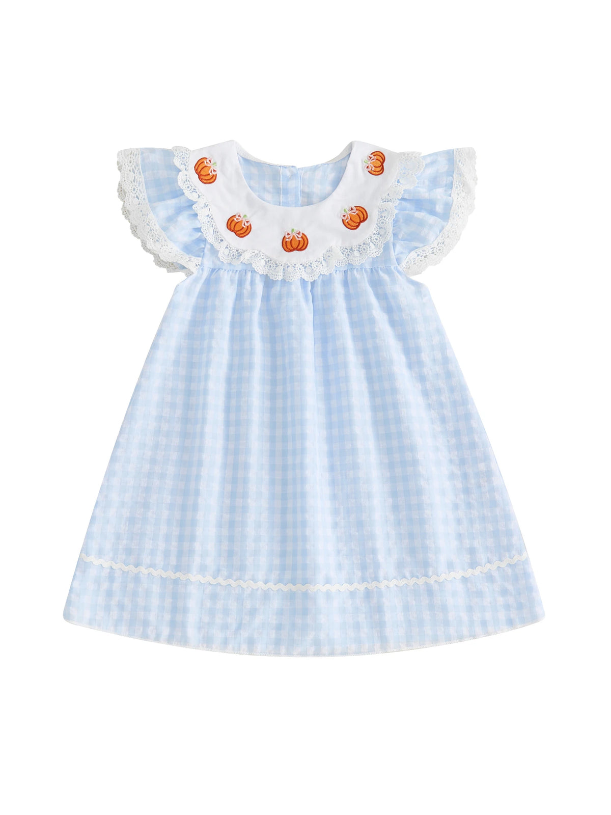 Girls Halloween Embroidered Pumpkin Plaid Dress With Flutter Sleeves