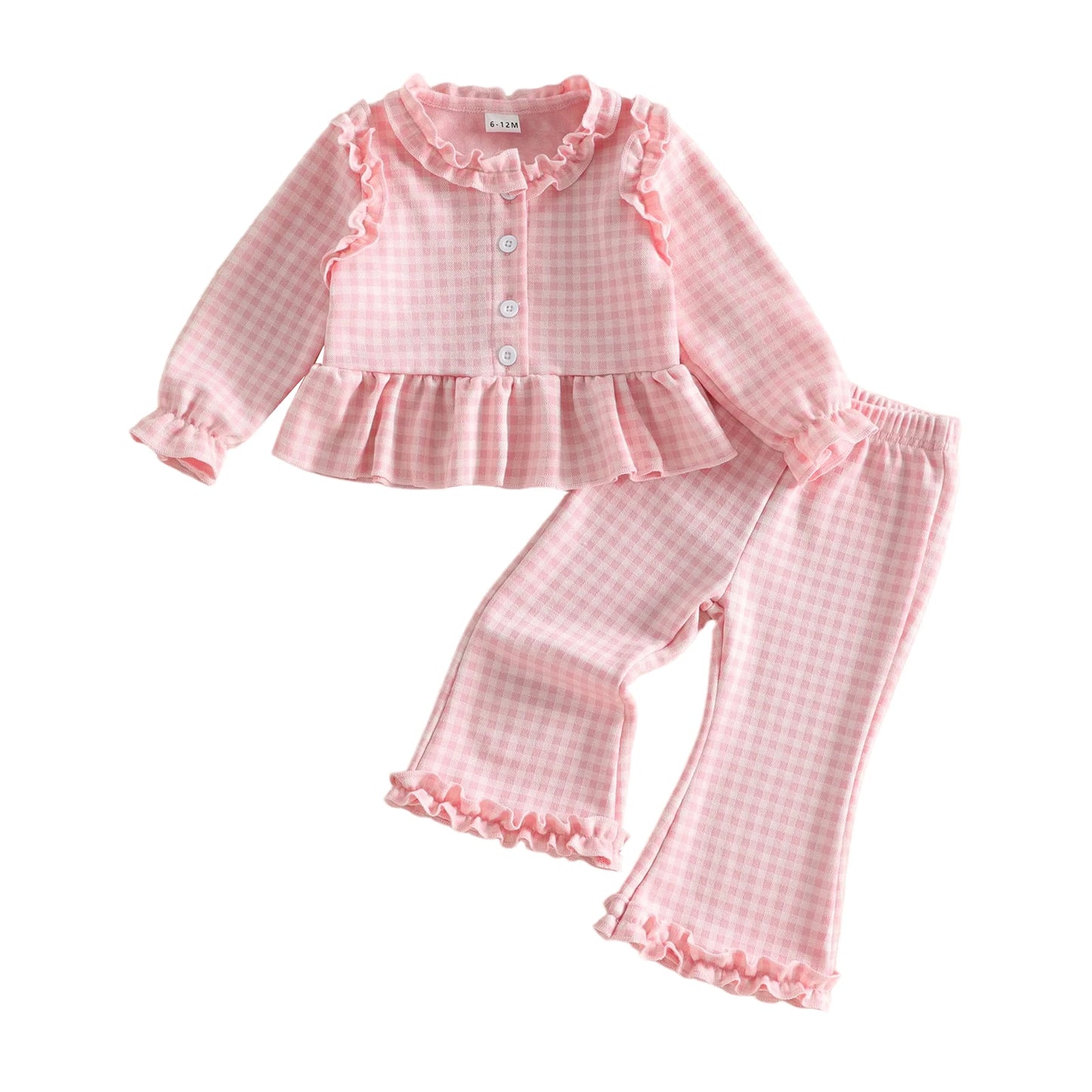 Girls Fall Plaid Bell Bottom Outfit Set With Long Sleeve Top