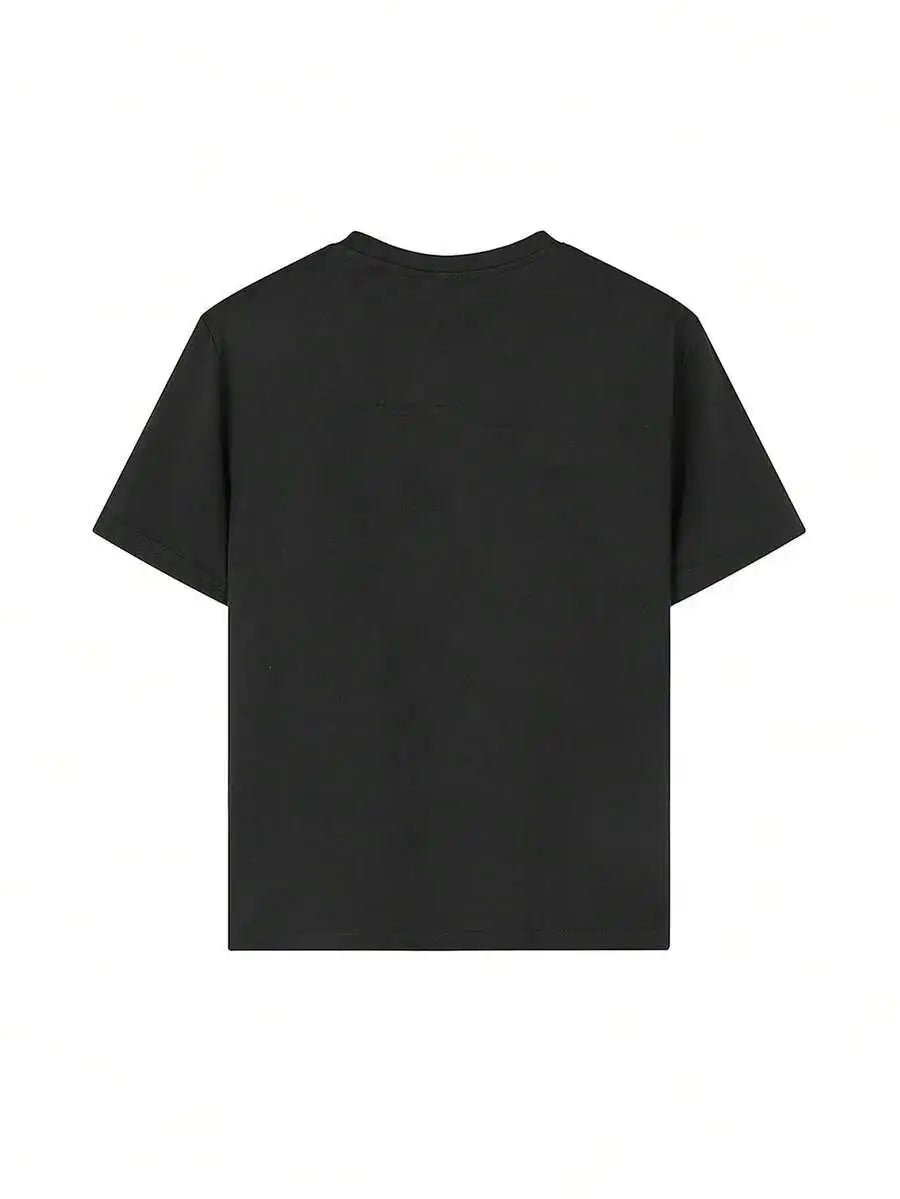 Girls & Teenagers Students Casual Printed Black Crew Neck Short Sleeve T-Shirt Top, Summer