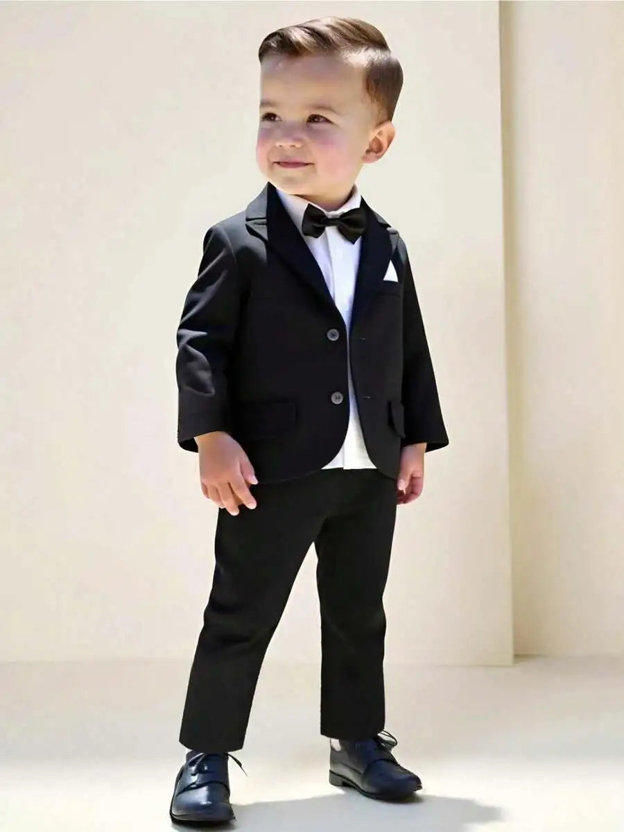 Toddler Formal Suit Set Shawl Lapel Jacket Bow Tie Elastic Waist Pants