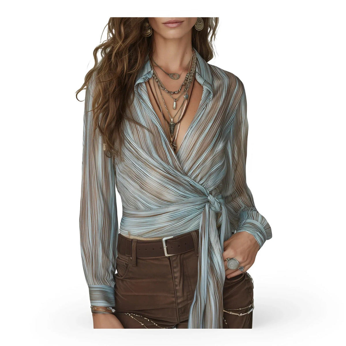 Women's Lapel Collar Long Sleeve Wrap Blouse Striped Print Self Tie Waist Detail V Neck Slim Fit Casual Ladies Shirt
