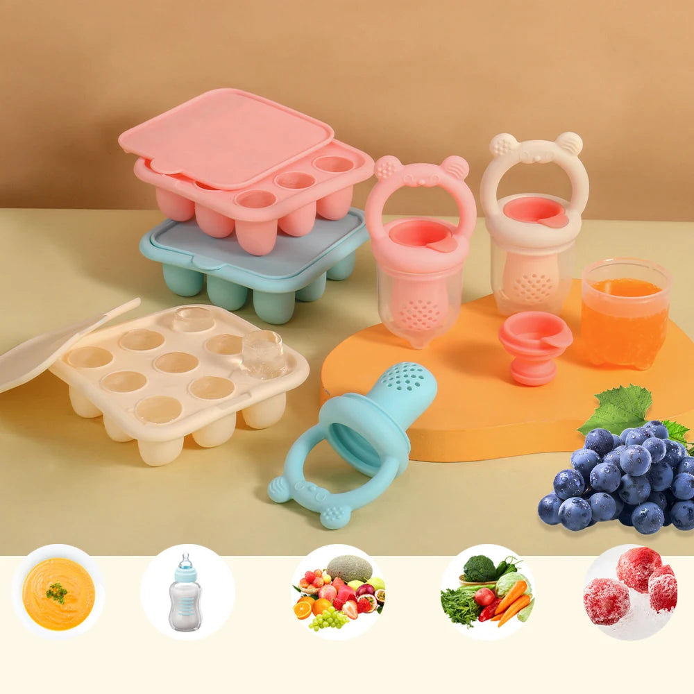 BPA Free Baby Fruit Feeder with Silicone Food Freezer Tray, Food Grade Teething Pacifier Self‑Feeding Set, 3 Colors Optional for Newborn Toddlers