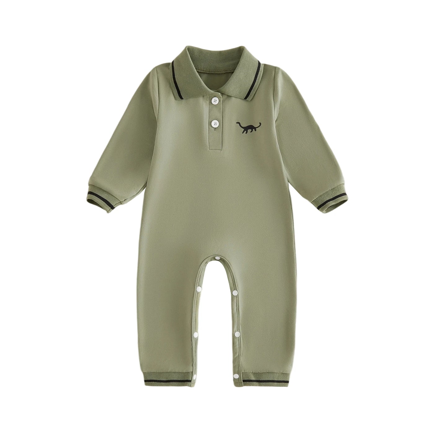 Long Sleeve Dinosaur Print Romper For Baby Girls With Lapel