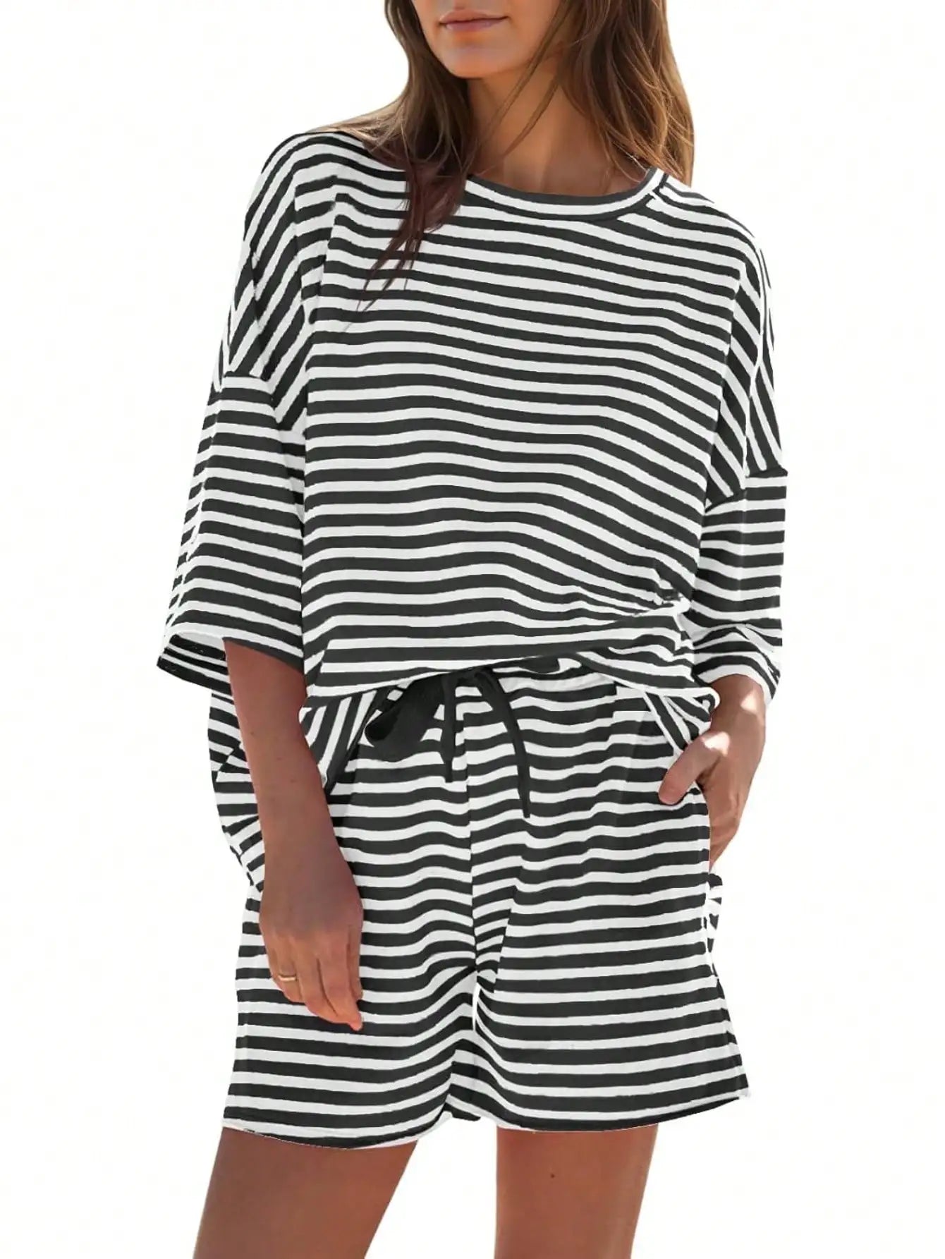 Fisoew Womens Striped Athleisure 2 Piece Outfits Sweatsuit Lounge Set