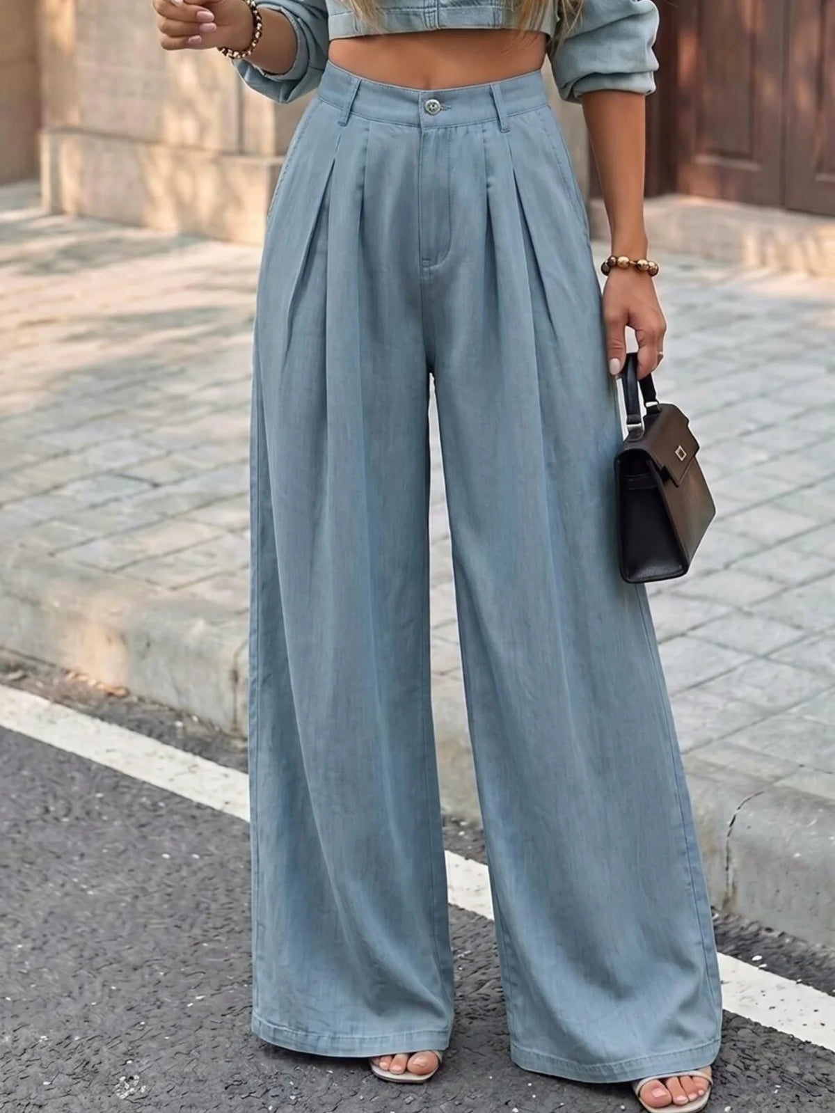 Women's High Waist Pleated Wide Leg Pants Button Zipper Closure Loose Full Length Casual Ladies Trousers