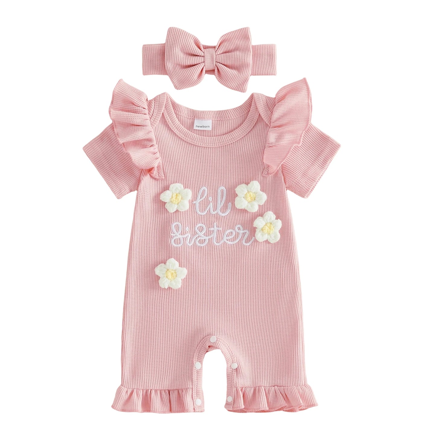 Floral Print Sleeveless Baby Girl Romper With Matching Bow Headband