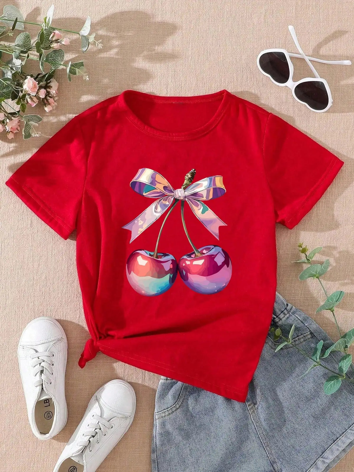 1 Pack Girls Casual Printed Crew Neck Short Sleeve T-Shirt Summer Student Youth Clothing