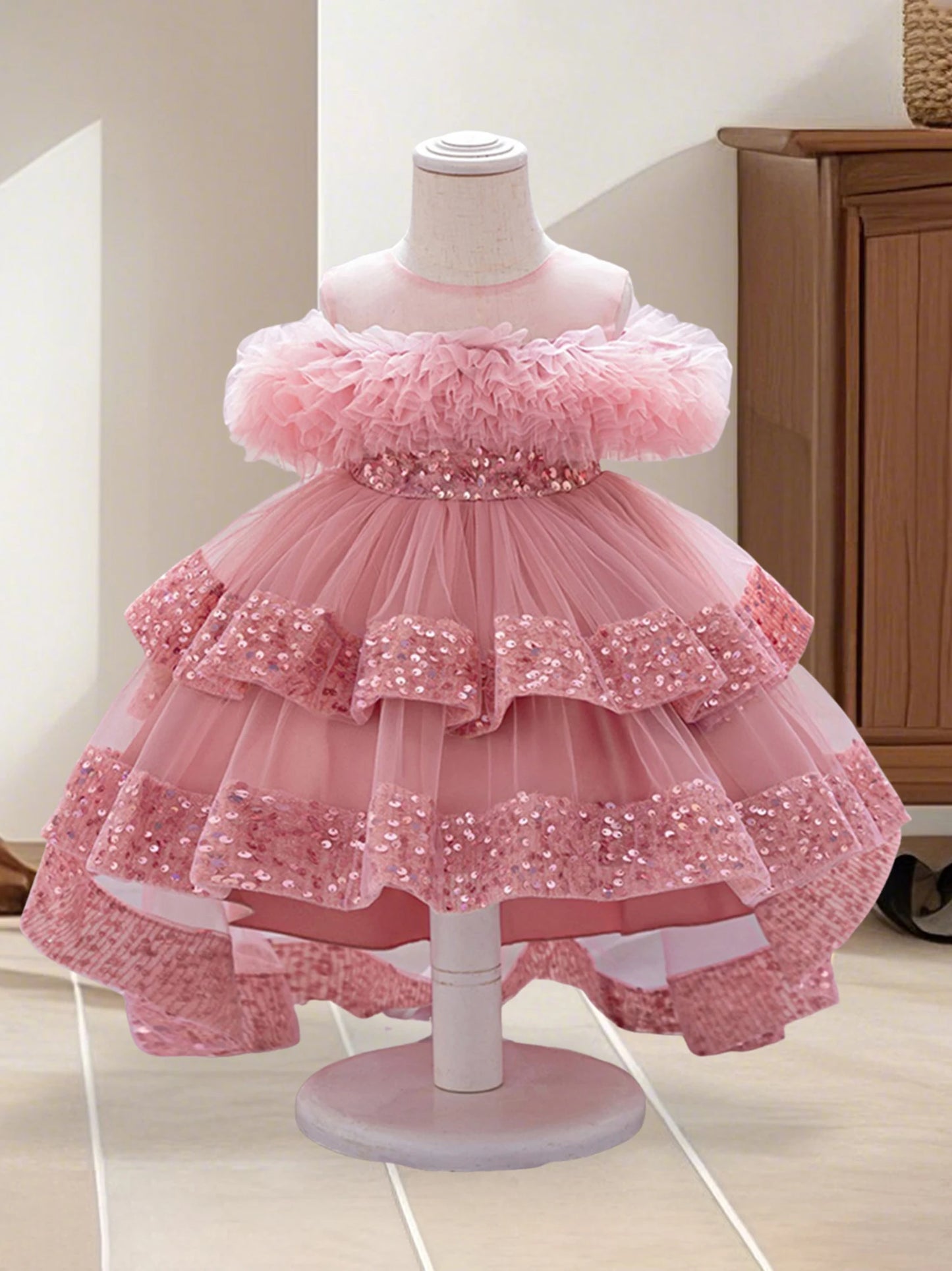 Girls Sequin Princess Dress with Tulle Skirt and High Hem