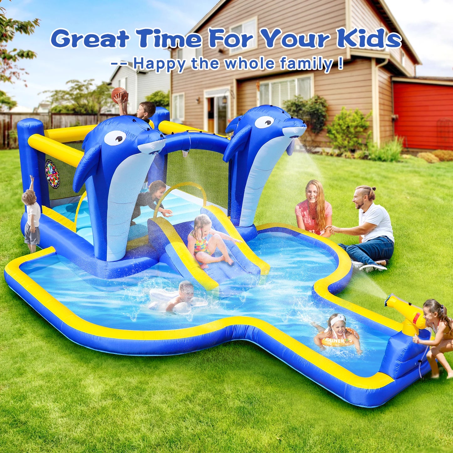 Outdoor Inflatable Bounce House Wet Dry Slide With Dolphin Sprinkler