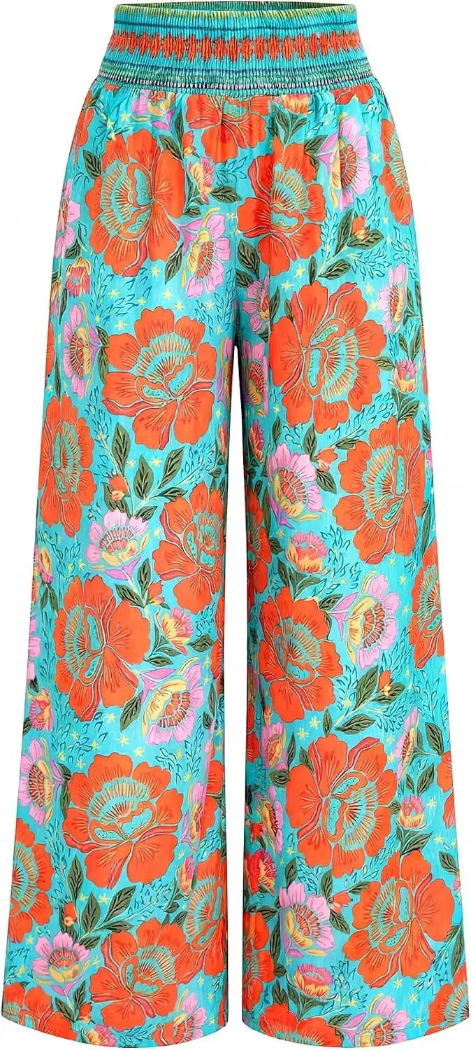 Wide leg pants 2026 summer smoked waist flower pants, pretending to be spring beach vacation women's clothing