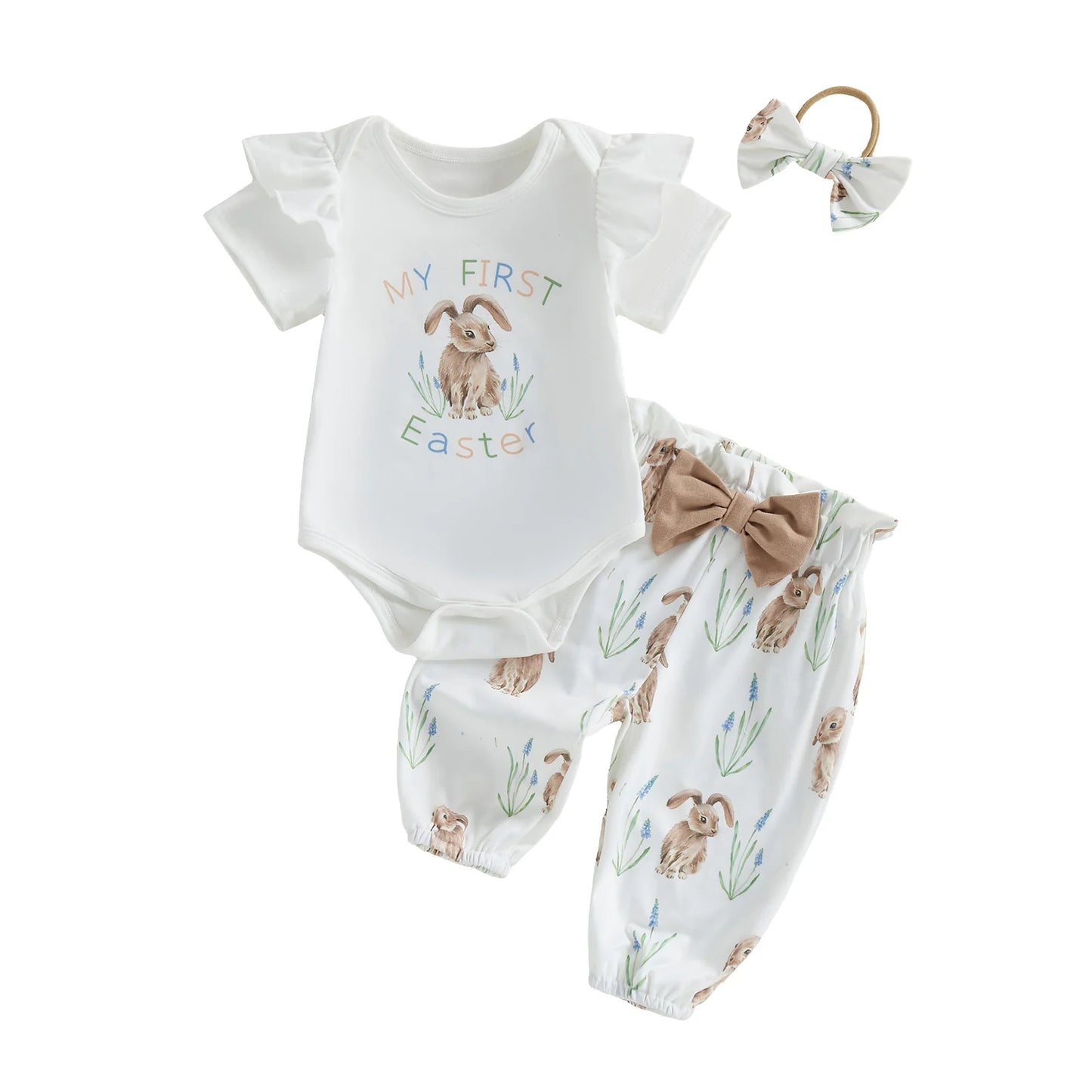 Bunny Three Piece Romper Pants Headband Set For Baby Girls