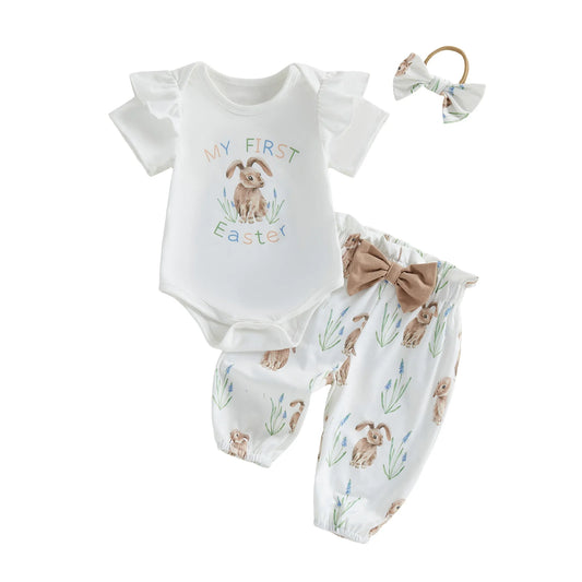 Bunny Three Piece Romper Pants Headband Set For Baby Girls