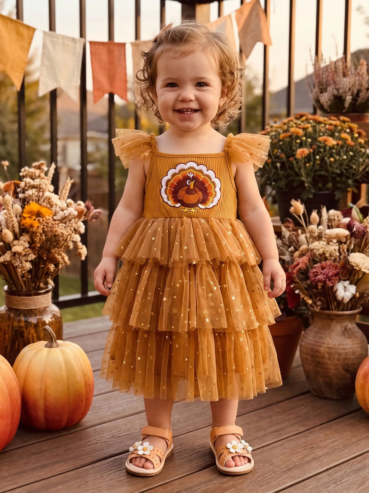 Girls Thanksgiving Turkey Embroidery Star Tulle Midi Dress