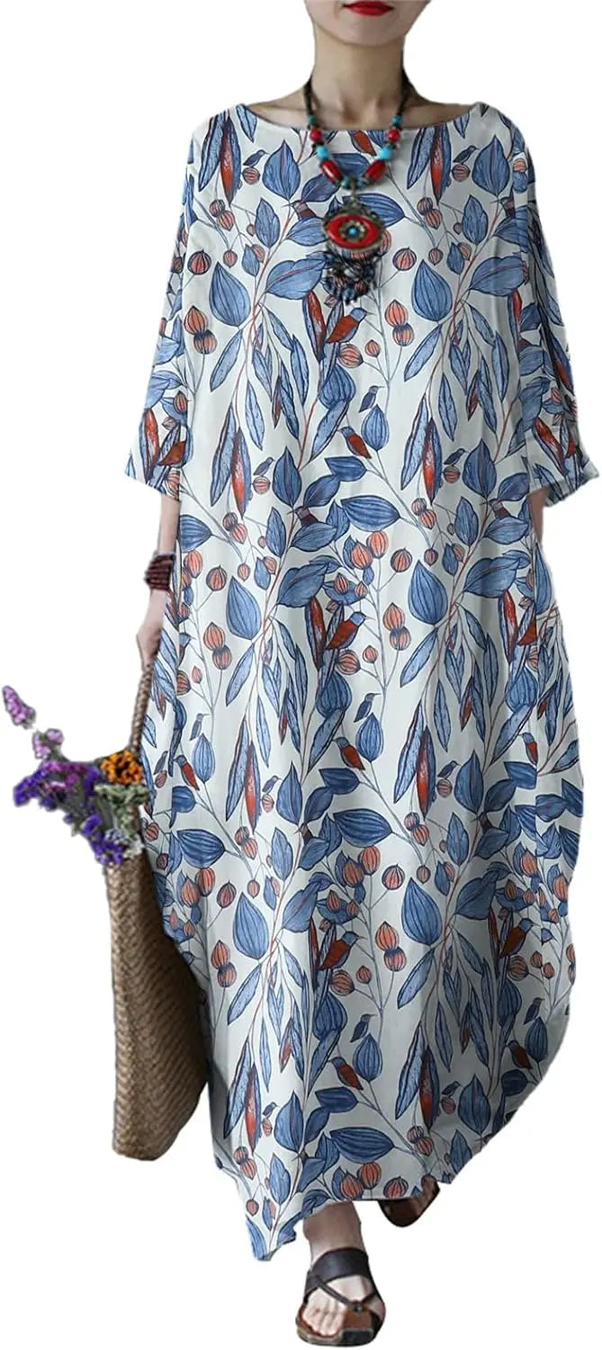 Autumn Solid Cotton Caftan Dress Loose Fit Women Casual