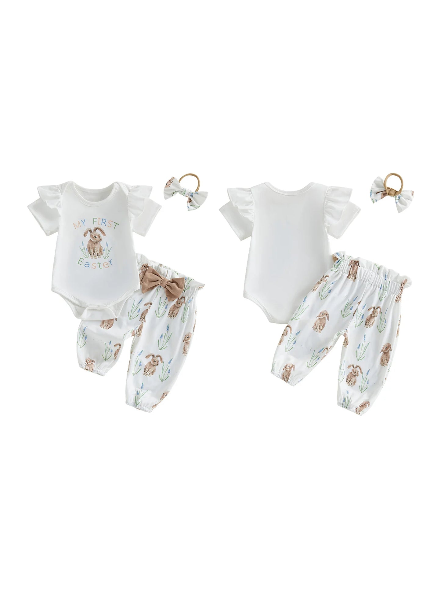Bunny Three Piece Romper Pants Headband Set For Baby Girls