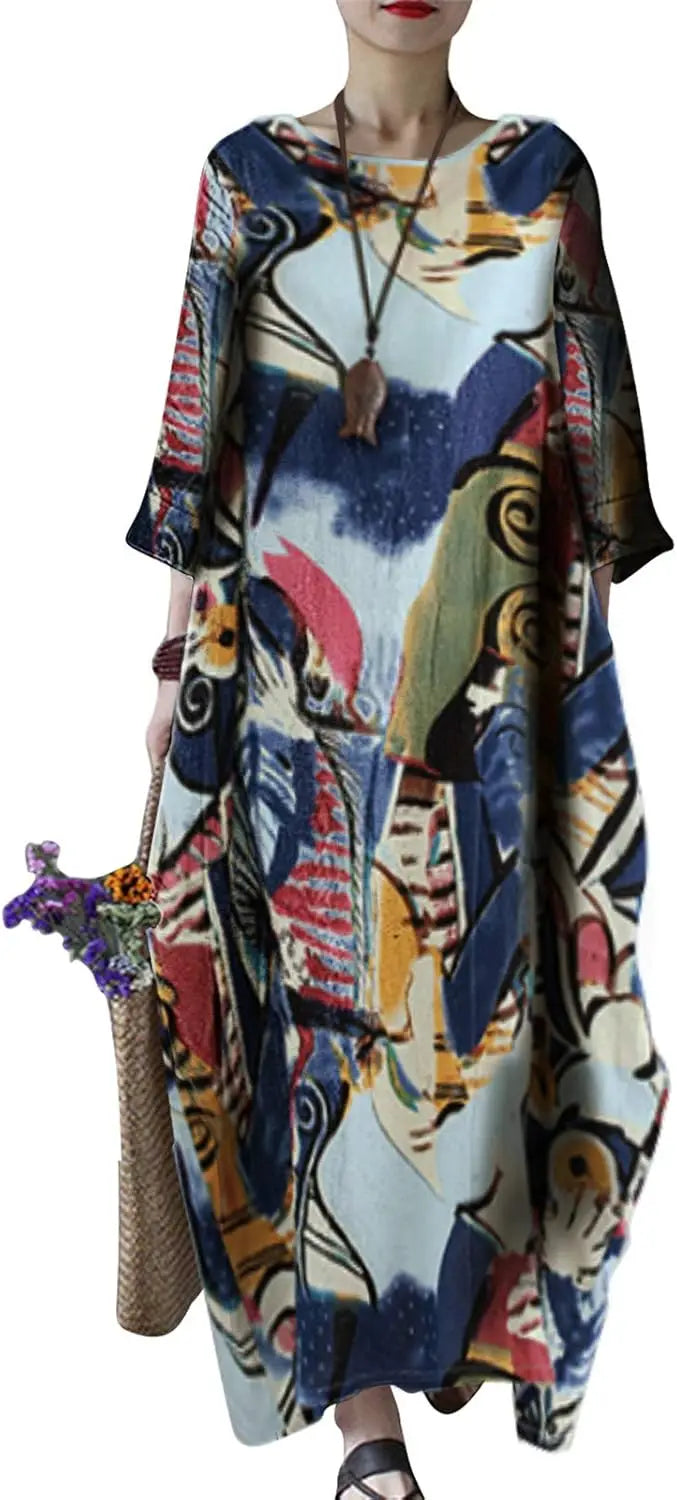 Autumn Solid Cotton Caftan Dress Loose Fit Women Casual