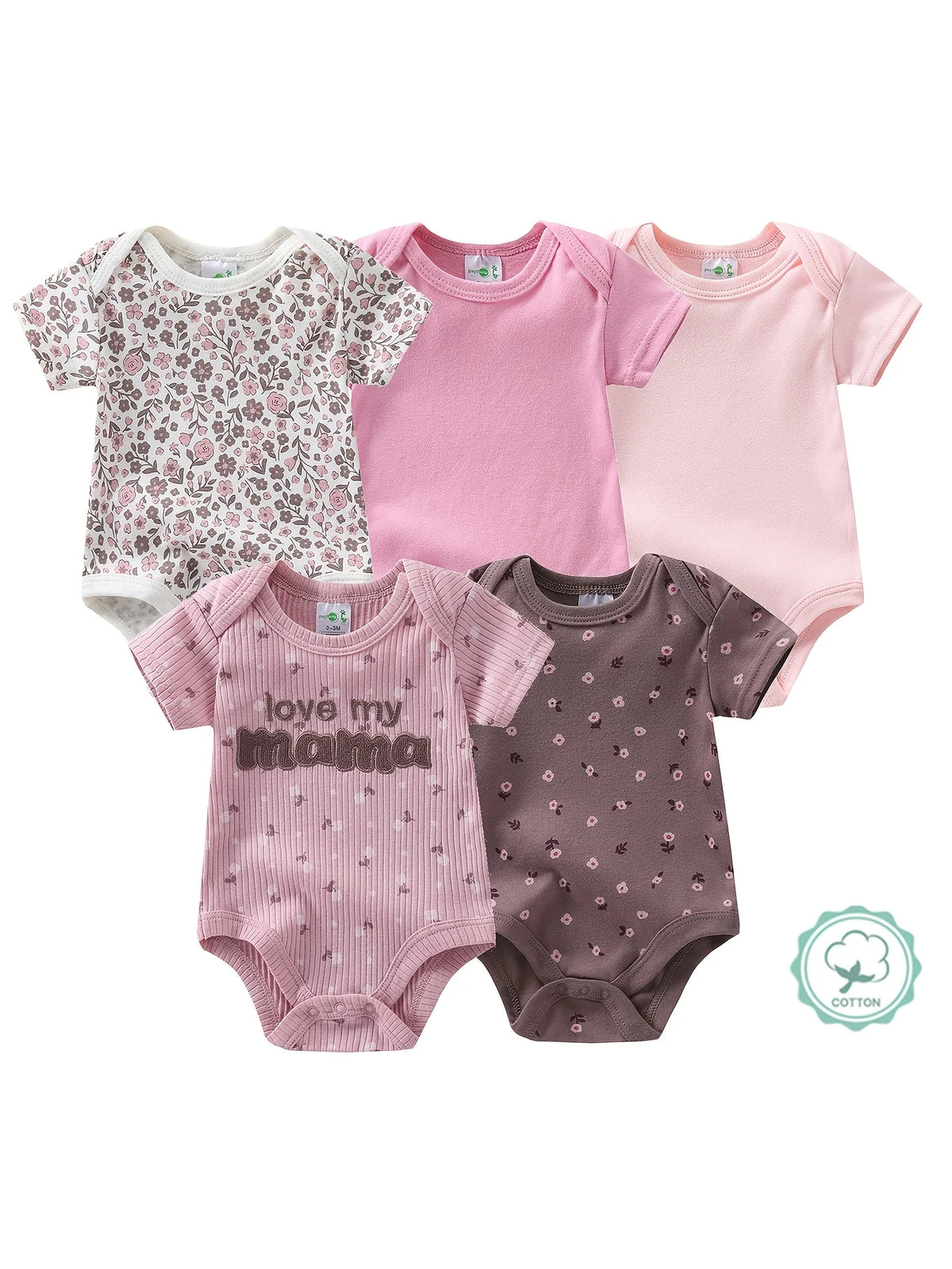 5pcs Set Baby Girl Short Sleeve Spring Summer Triangle 1pc Jumpsuit, Cotton Floral Print Romper, Infant Girl Cute Style Crawling Clothes, Newborn Clothing, Baby Girl Clothing, Infant Apparel, Perfect for Outdoor