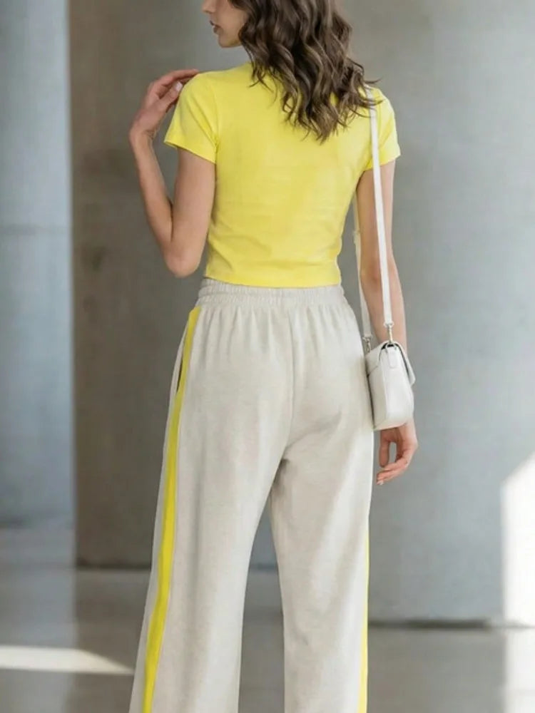 Women 2 Piece Sets Casual Outfit Solid Short Sleeves Crew Neck Crop T‑Shirt & Side Stripe Drawstring Wide Leg Sweatpants Set Sporty Matching Tracksuit