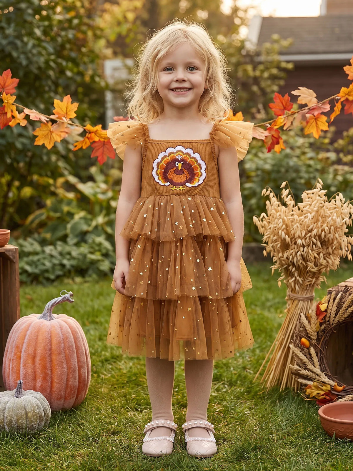 Girls Thanksgiving Turkey Embroidery Star Tulle Midi Dress