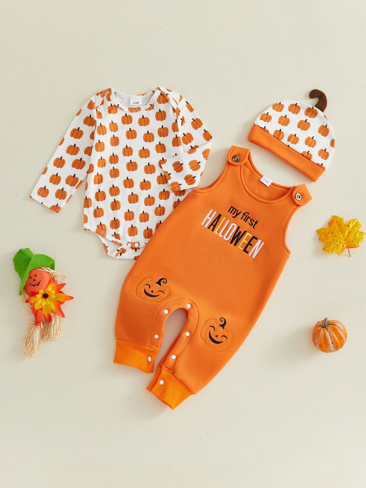 Infant Halloween Pumpkin Overalls And Hat Costume Set