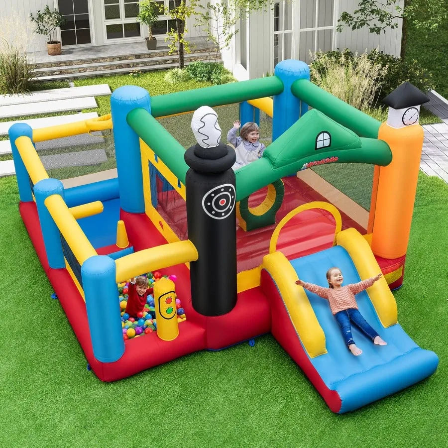 LISM Inflatable Train Theme Bounce House With Slide Ball Pit Basketball Rim