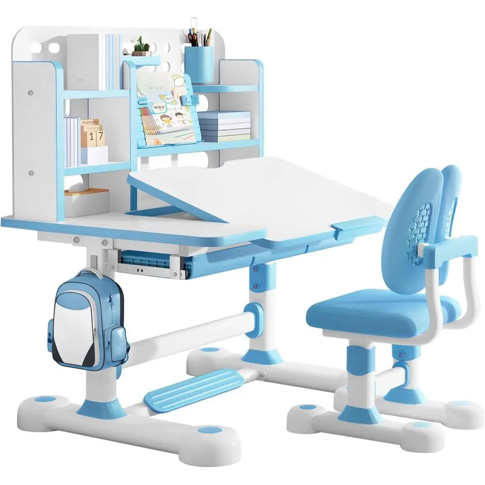 Kids Adjustable Desk And Chair Set With Bookshelf And Storage