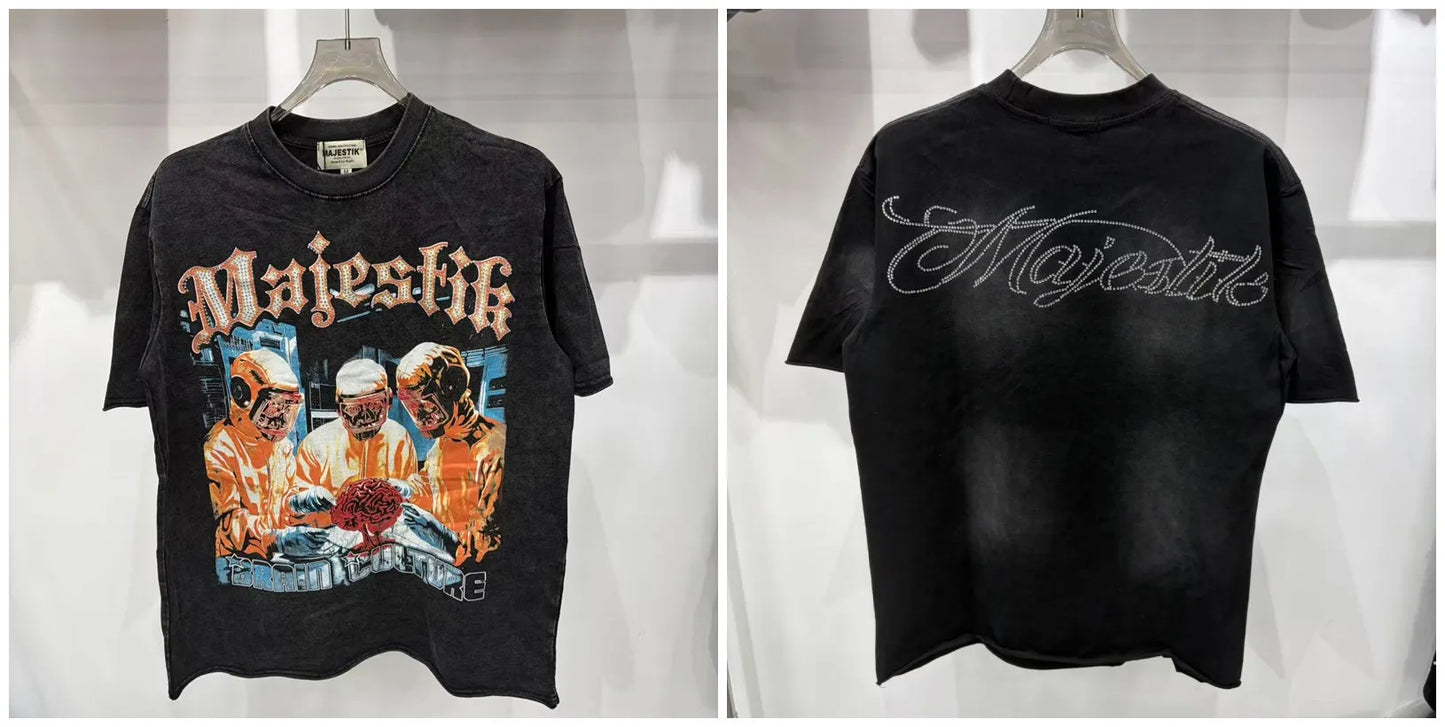 Cotton T Shirt With Letter Rhinestone Print Breathable Hip Hop