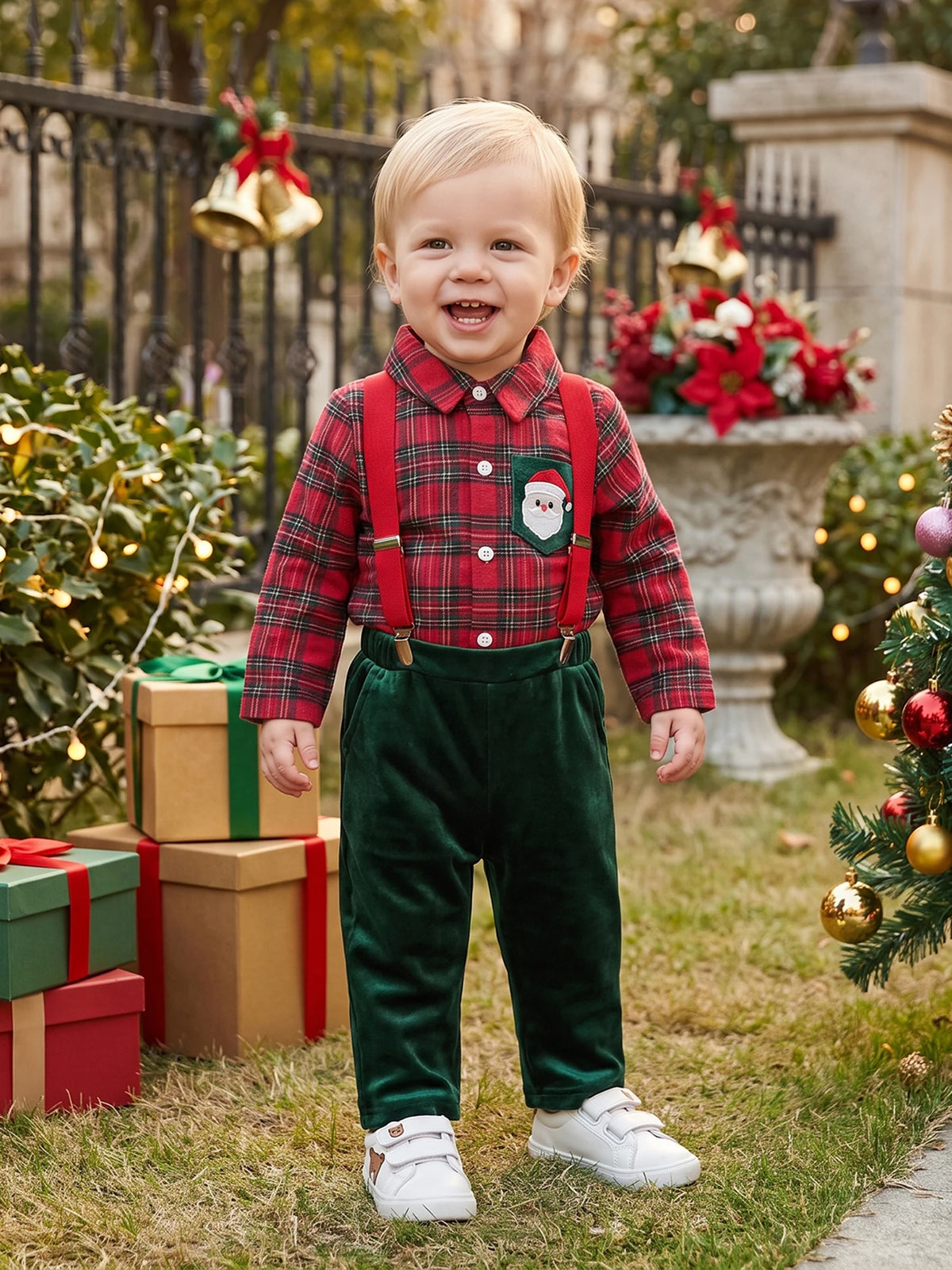 Sleeve Shirt Toddler Boy Christmas Velvet Velvet-Suspender-Pants Long Sleeve Shirt Boy Pants Velvet Premium