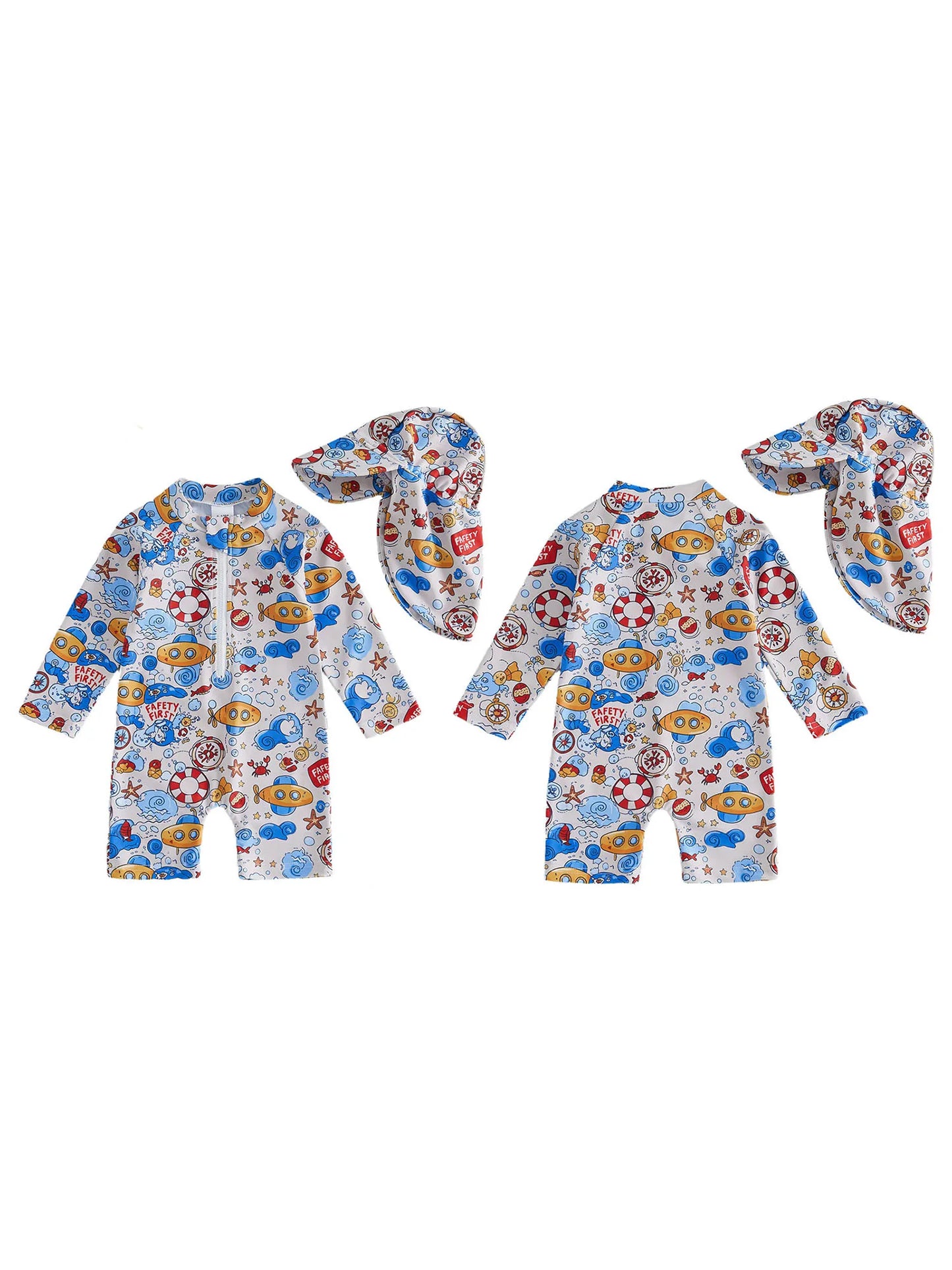 Cute Baby Rash Guard Swimsuit With Sun Hat Dinosaur Print