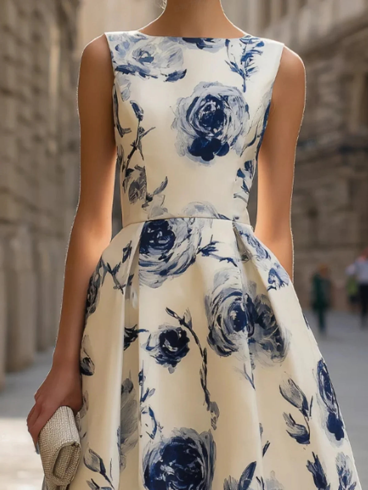 Women's Round Neck Sleeveless Midi Dress Floral Print Pleated A Line Swing Hem Elegant Formal Ladies Dress